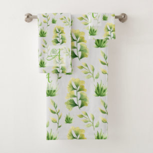 Conjunto De Toalhas Folhas Botânicas Monogramas Deco Verde em Aquarel