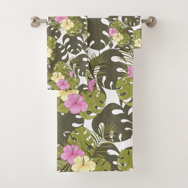 Conjunto De Toalhas Folhas da Selva Tropical e Padrão de Hibisco (Insitu)