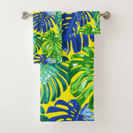 Conjunto De Toalhas Folhas da selva verde-azul-tropical Amarelo Monste