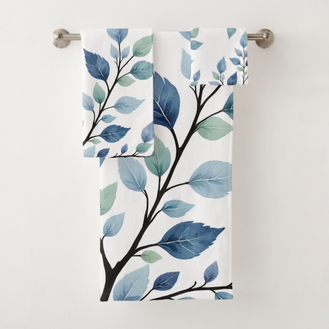 Conjunto De Toalhas Folhas de Aquarela Azul Verde Design Botânico 376 (Insitu)