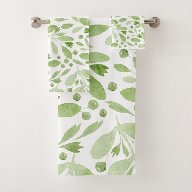 Conjunto De Toalhas Folhas de Aquarela Rústica Verde Salvia & Branco (Insitu)