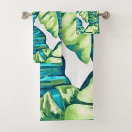 Conjunto De Toalhas Folhas de Monstera Tropical e Azul-Banana