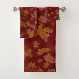 Conjunto De Toalhas Folhas de outono douradas no vermelho de vinho