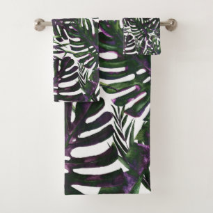Conjunto De Toalhas Folhas de Palma Tropicais Verdes Roxas Verão Ilha 