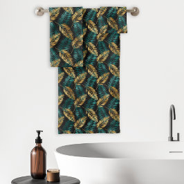 Conjunto De Toalhas Folhas de Palma Tropical Padrão Preto Azul Turques