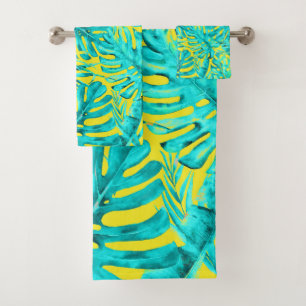 Conjunto De Toalhas Folhas de Palmeira Tropical Amarelo e Turquesa Ilh