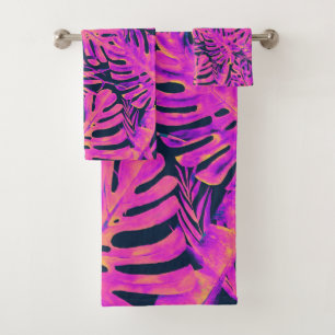 Conjunto De Toalhas Folhas de Palmeira Tropical Rosa Quente e Azul Mar