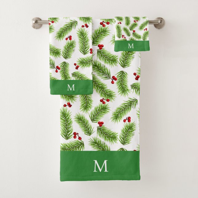 Conjunto De Toalhas Folhas de Pinheiro Verdes e Bagas Monogramadas (Insitu)