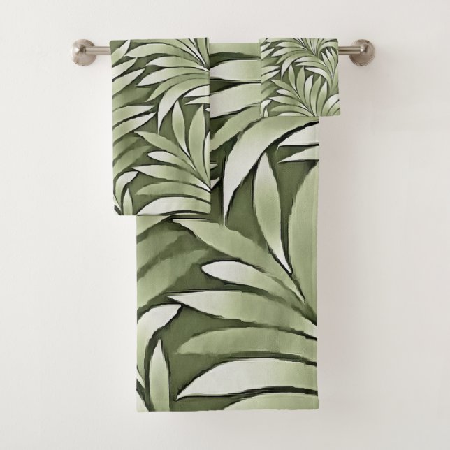 Conjunto De Toalhas Folhas Decorativas em Tons Verde Prateado (Insitu)