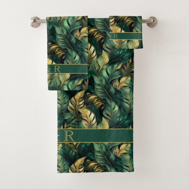 Conjunto De Toalhas Folhas Elegantes de Monstera Verde e Dourada (Insitu)