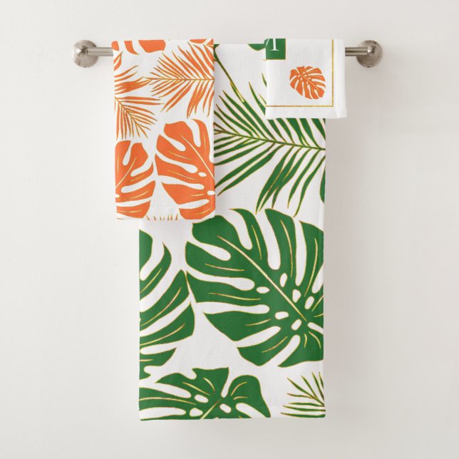 Conjunto De Toalhas Folhas tropicais laranja, verde-esmeralda e monogr (Insitu)