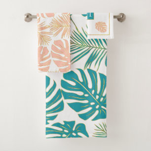 Conjunto De Toalhas Folhas tropicais modernas de cor azul-clara e de p