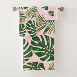 Conjunto De Toalhas Folhas tropicais verdes, douradas e rosa monograma