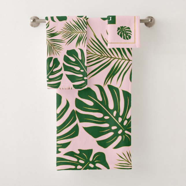 Conjunto De Toalhas Folhas tropicais verdes, douradas e rosa monograma (Insitu)