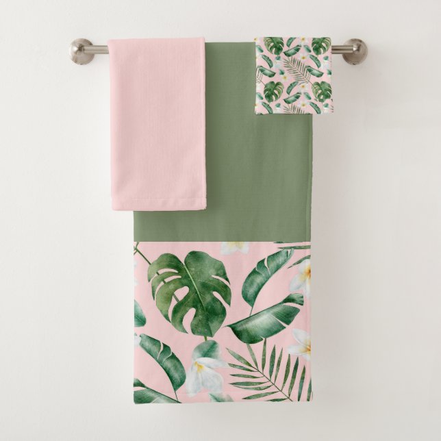 Conjunto De Toalhas Folhas Tropicais Verdes e Rosa (Insitu)