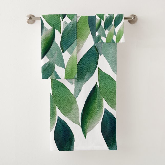 Conjunto De Toalhas Folhas Verdes Boho Aquarela Pintada à Mão (Insitu)