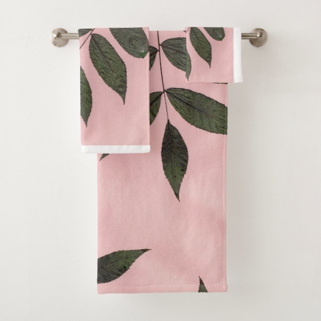 Conjunto De Toalhas Folhas Verdes em Visual Fresco Rosa (Insitu)
