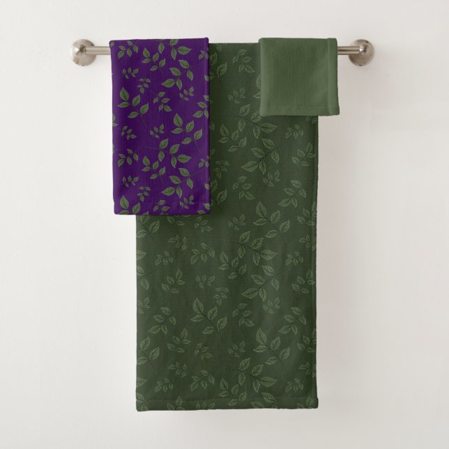 Conjunto De Toalhas Folhas verdes, escuras e roxas (Insitu)