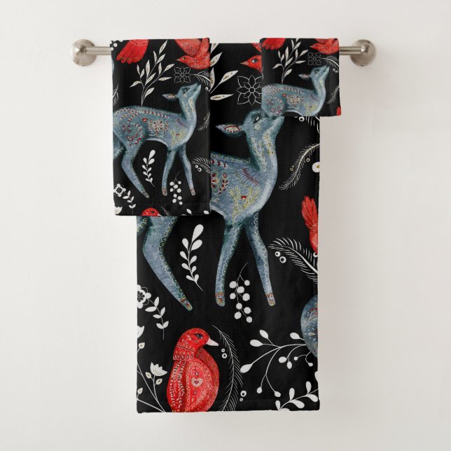 Conjunto De Toalhas Folk-art style floral  pattern designs (Insitu)