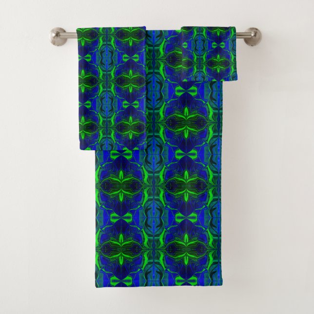 Conjunto De Toalhas Formas, 'traços verdes am' flutu em fundo azul. (Insitu)