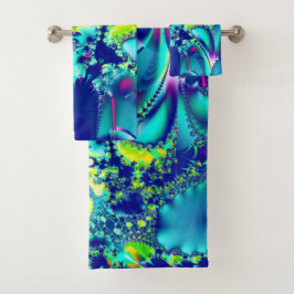 Conjunto De Toalhas Fractal Verde Ciano abstrato azul