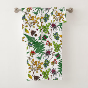 Conjunto De Toalhas Framboesas, folhas e insetos em branco