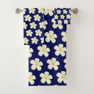 Conjunto De Toalhas Frangipani Branca Flores de Plumeria em Azul Marin