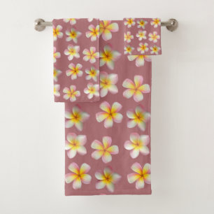 Conjunto De Toalhas Frangipani Pastel Plumeria Flores em Dourado Rosa