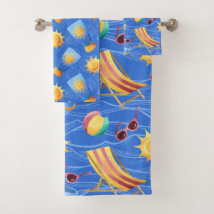 CONJUNTO DE TOALHAS FRASCOS AZUIS E AMARELOS DE TELA DE SOL E SUNS