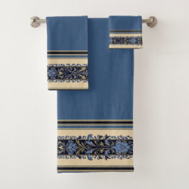 Conjunto De Toalhas Fronteira Vitoriana Azul e Dourada