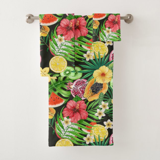 Conjunto De Toalhas Frutas tropicais, flores e folhas a preto (Insitu)
