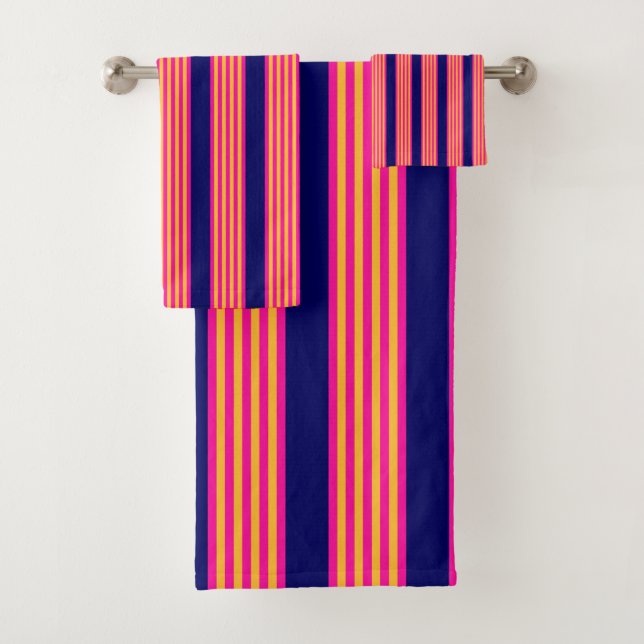 Conjunto De Toalhas Fuchsia e listras amarelas com azul-marinho (Insitu)