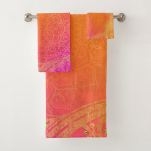 Conjunto De Toalhas Fuchsia Rosa Laranja & Dourado Glam Mandala Indian