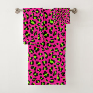 Conjunto De Toalhas Fúcsia Rosa Neon 80 e Leopardo Verde limão