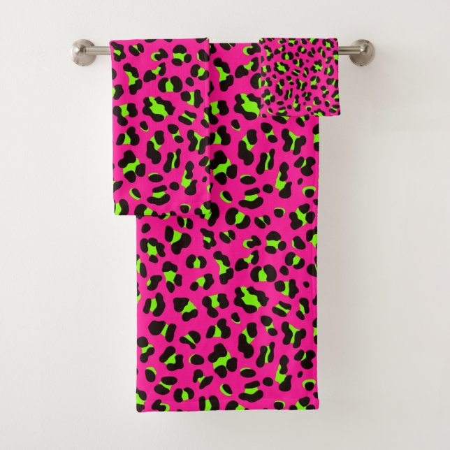 Conjunto De Toalhas Fúcsia Rosa Neon 80 e Leopardo Verde limão (Insitu)