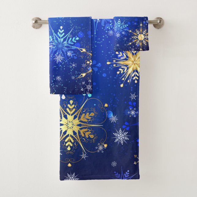 Conjunto De Toalhas Fundo Azul XMAS com Flocos de Neve Ouro (Insitu)