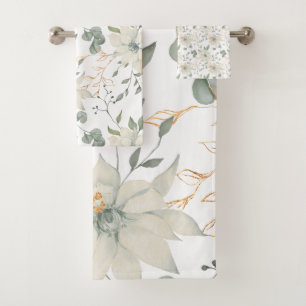 Conjunto De Toalhas Fundo Branco Clássico, Floral, Branco, Branco