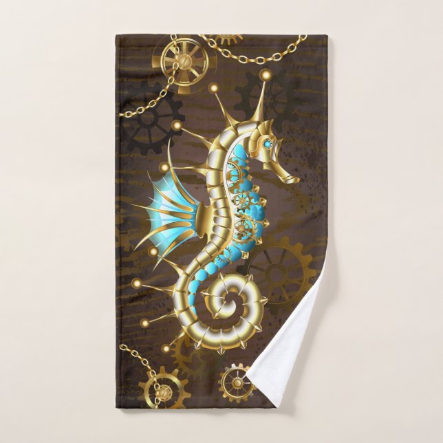 Conjunto De Toalhas Fundo de madeira com cavalo de mar mecânico (Toalha de mão)