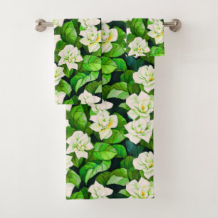 Conjunto De Toalhas Gardenias brancas e folhas verdes de jade