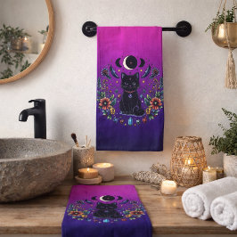 Conjunto De Toalhas Gata Preta Celestial Mística Roxo Rosa