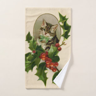 Conjunto De Toalhas Gatinho de Natal Vitoriano em Tabby Antigo com Aze