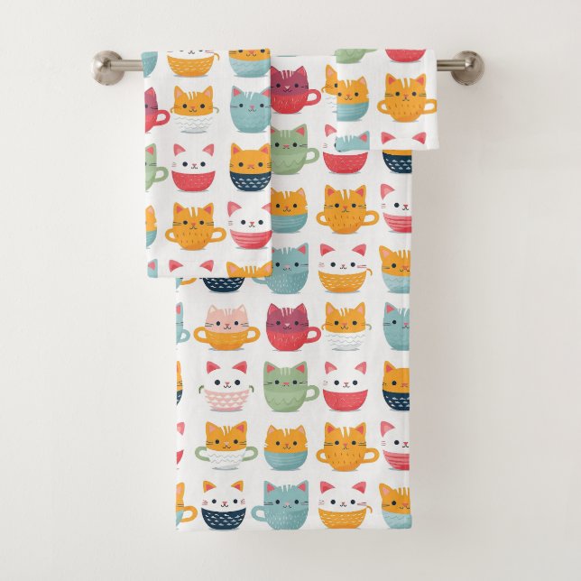 Conjunto De Toalhas Gatinho Feminino Padrão Xícaras Coloridas Gatinhos (Insitu)