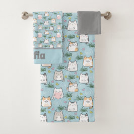 Conjunto De Toalhas Gatinho kawaii, branco, cinza azul