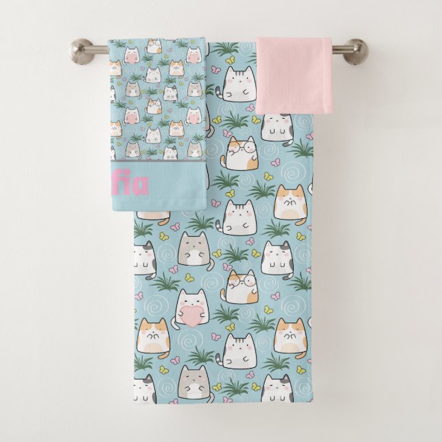 Conjunto De Toalhas Gatinho kawaii, branco, nome azul-rosa (Insitu)