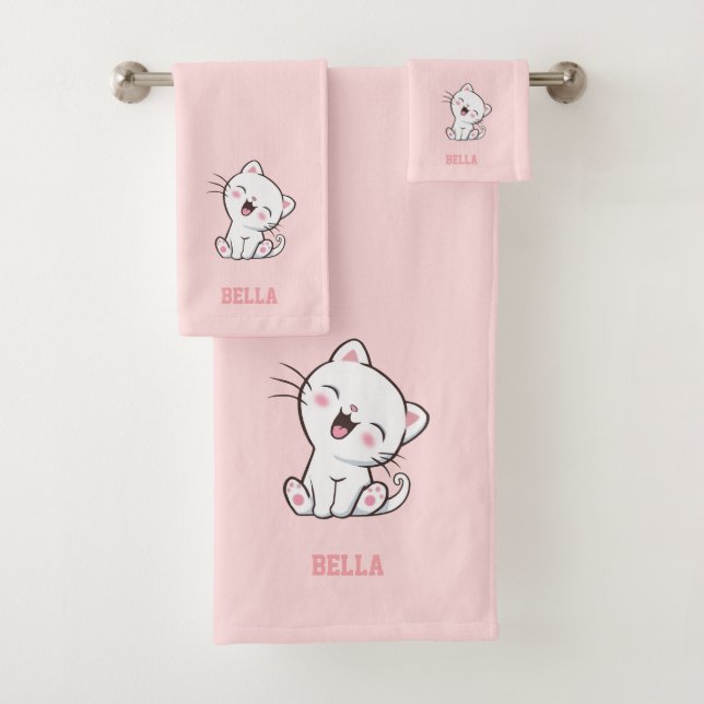 Conjunto De Toalhas Gatinho & Nome em Rosa Claro (Insitu)