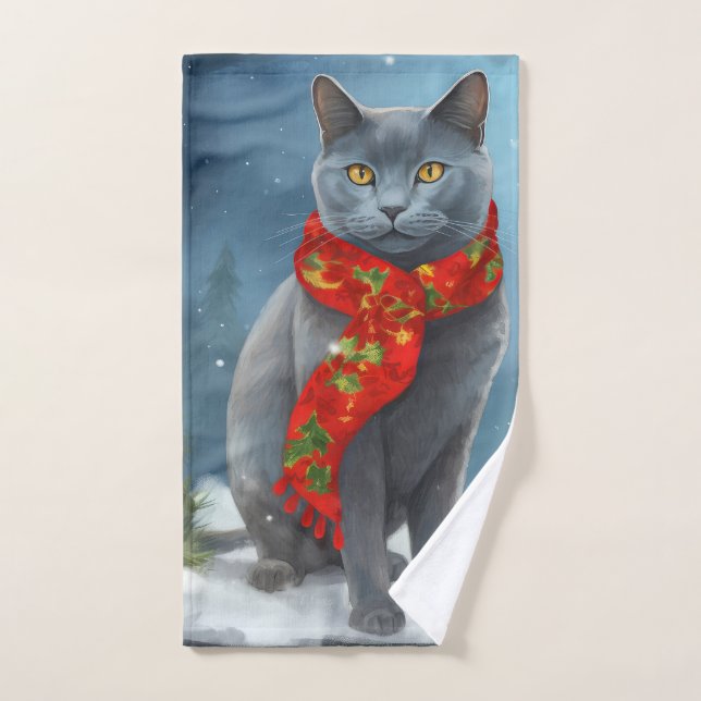 Conjunto De Toalhas Gato Azul russo no Natal da neve (Toalha de mão)