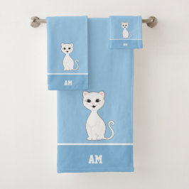 Conjunto De Toalhas Gato branco e monograma em azul claro
