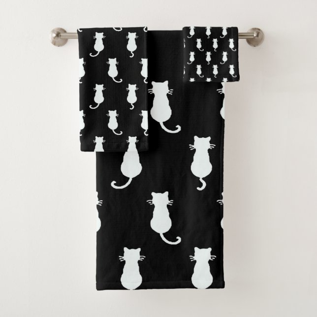 Conjunto De Toalhas Gato Branco Isolado no Padrão de Pontos Pretos (Insitu)