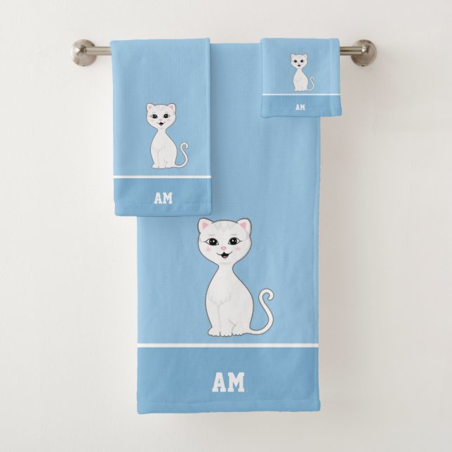 Conjunto De Toalhas Gato Branco & Monograma em Azul Claro (Insitu)