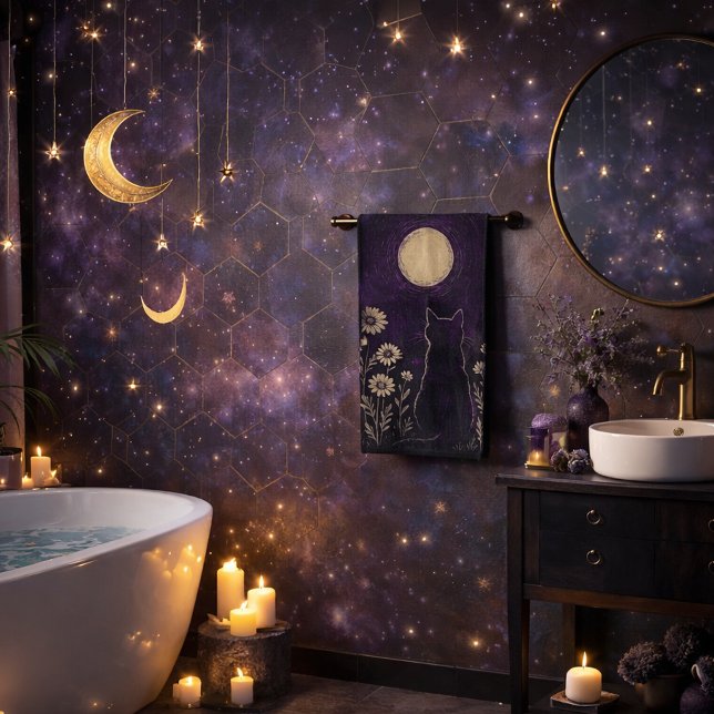 Conjunto De Toalhas Gato Celestial Floral Roxo (Criador carregado)